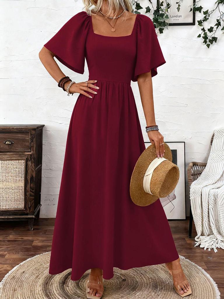 Damen Boho-Kleid mit quadratischem Ausschnitt und Rüschenärmeln
