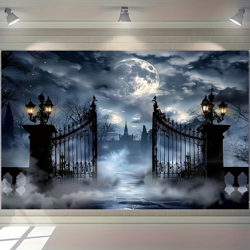 2D flat 1 piece of Gothic castle full moon night polyester background - Misty cemetery gate design suitable for Halloween