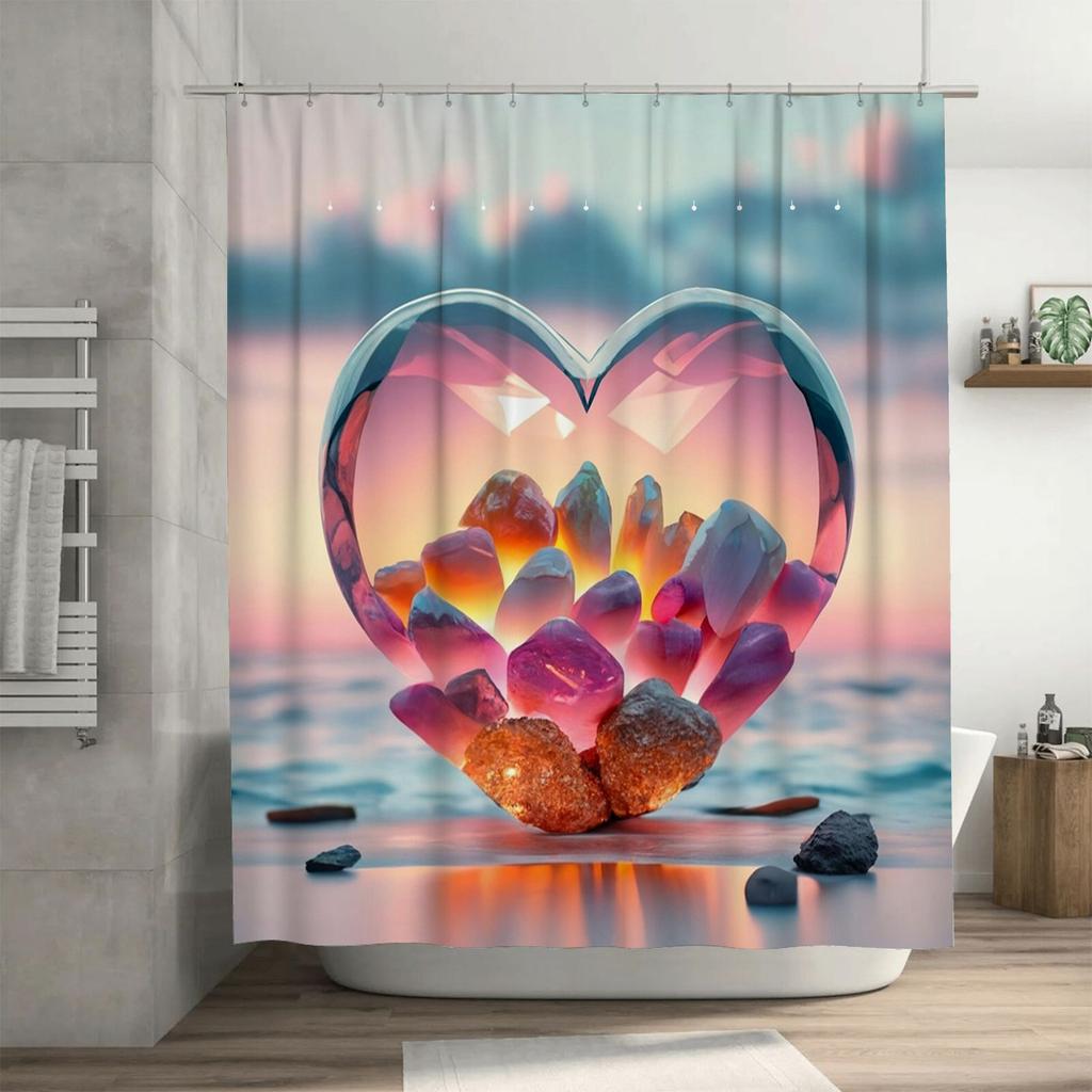 3D Crystal Heart Shower Curtain | Romantic Beach Sunset Bathroom Decor