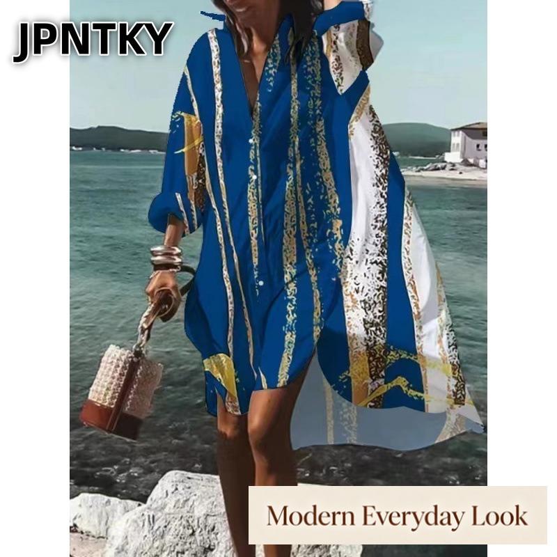 JPNTKY Fashion Long Sleeve V-Neck Casual Dresses