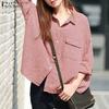ZANZEA Women Casual Turn Down Collar Loose Plaid Print Blouse