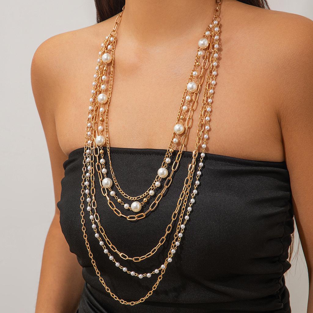 Collana Lunga con Perle Imitazione Temperamento Hip Hop Catena Metallica Multi-Strato Donna