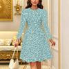 Women Long Sleeve Round Neck Midi Dress Abstract Geometric Diamond Floral Print Flared Casual Dress