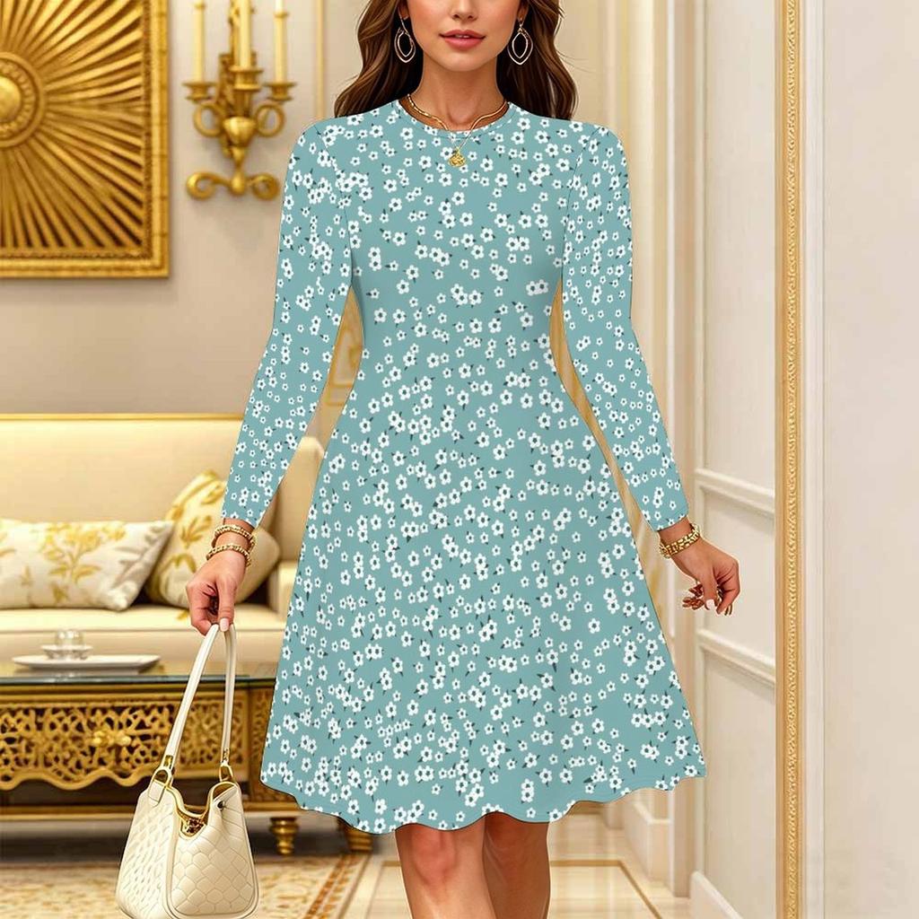 Women Long Sleeve Round Neck Midi Dress Abstract Geometric Diamond Floral Print Flared Casual Dress