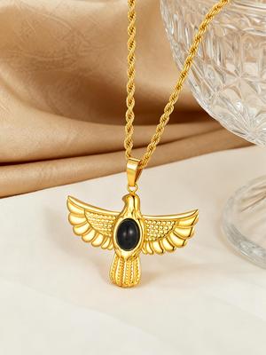 Retro Punk Egyptian Eagle Necklace Women Stainless Steel Black Onyx Stone Horus Falcon Pendant Vintage Hip Hop Jewelry