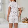 2 Pcs/Set Pajamas Suit Lace Splicing V Neck Short Sleeve Top Cherry Printing Comfort Homewear Outfit Casual Top Shorts Sleepwear Set