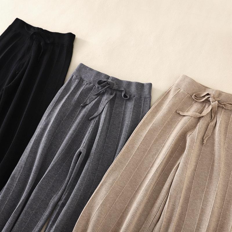 Pantaloni in maglia dritti drappeggiati a vita alta tinta unita autunno inverno da donna