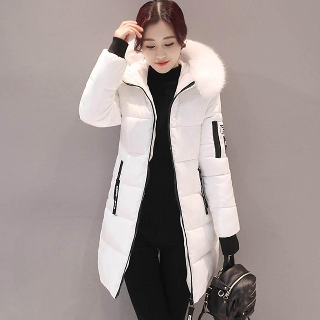 Women's Fashion Big Hair Collar Slim Waist Long Down Cotton Jacket Cotton Coat