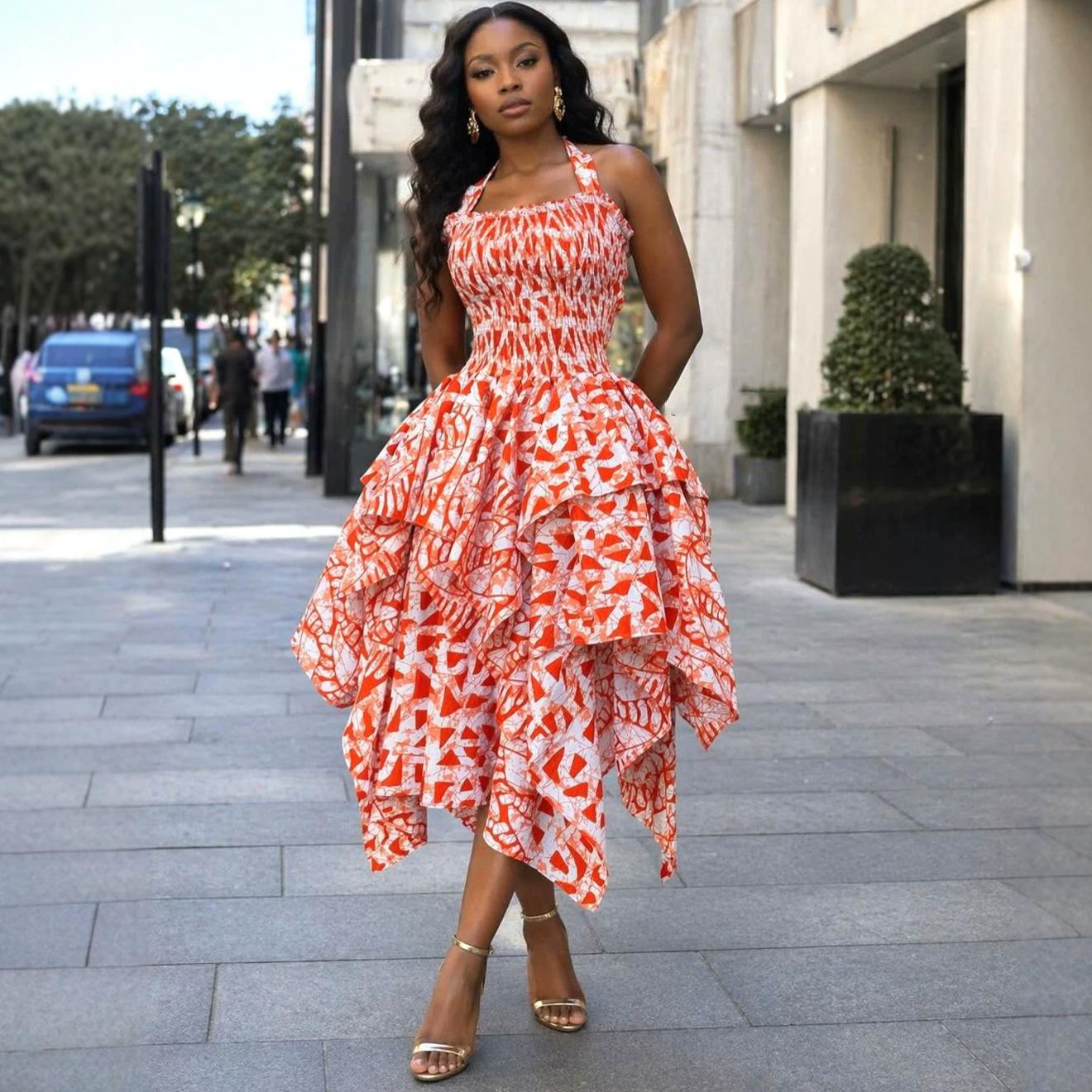 Women Halter Neck Printed Dress Puff Sleeve Tiered Ruffle Asymmetric Hem Vacation Maxi Dress S