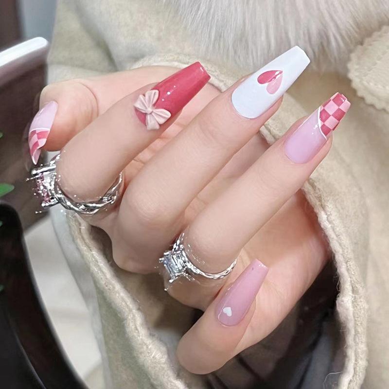 Wear nail nail patch ice through grapefruit red checkerboard nail whitening fake nail nail patch
