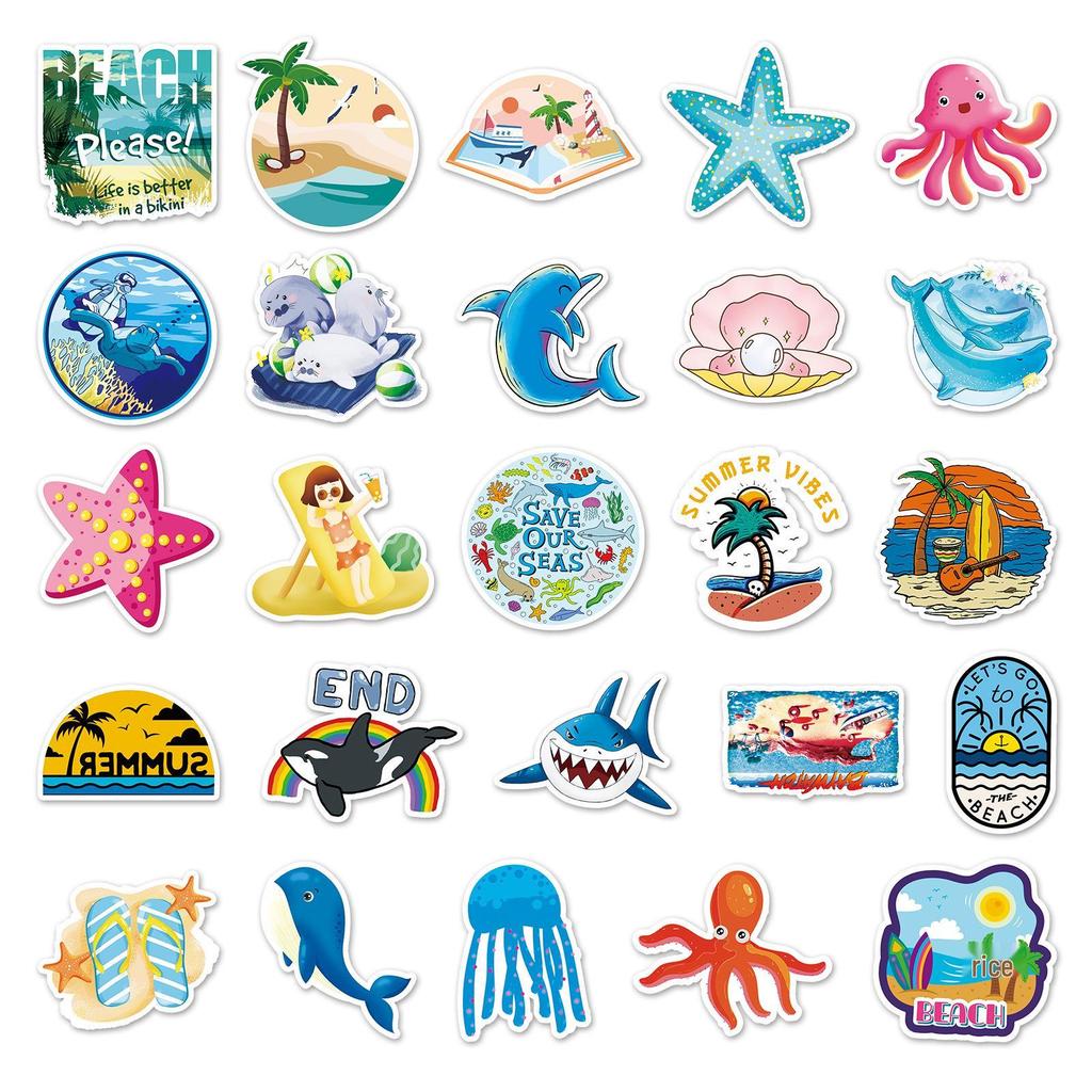 50PCS Ocean-Themed Cute Creatures Stickers for Journals, Laptops, Suitcases, and Refrigerators
