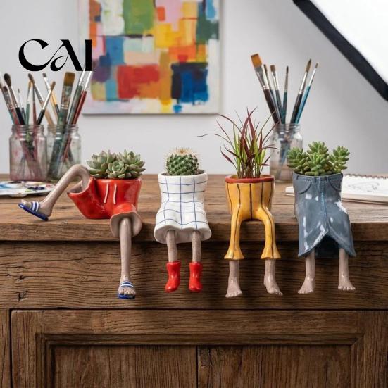 Fioriera Decorativa Seduta a Forma Umana in Resina, Fioriera Creativa con Gambe, Gambuta per Vaso Pianta Piccola da Interno, Succulente e Piante da Casa
