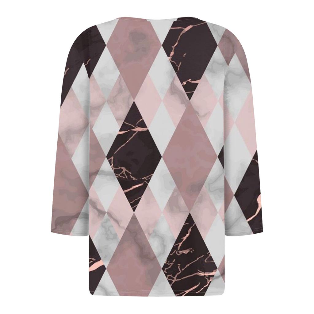 Women's Fashion Casual Printed V-Neck Seven Sleeve Button Down T-Shirt Top