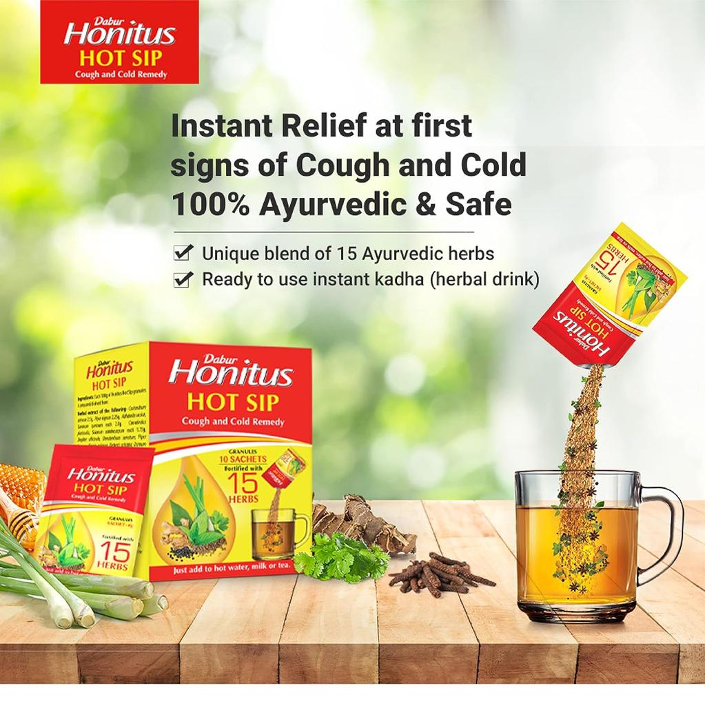 Dabur Honitus Hot Sip 30 Sachets 4g Ayurvedic Kadha Instant Cough Cold Relief Natural Herbal Drink