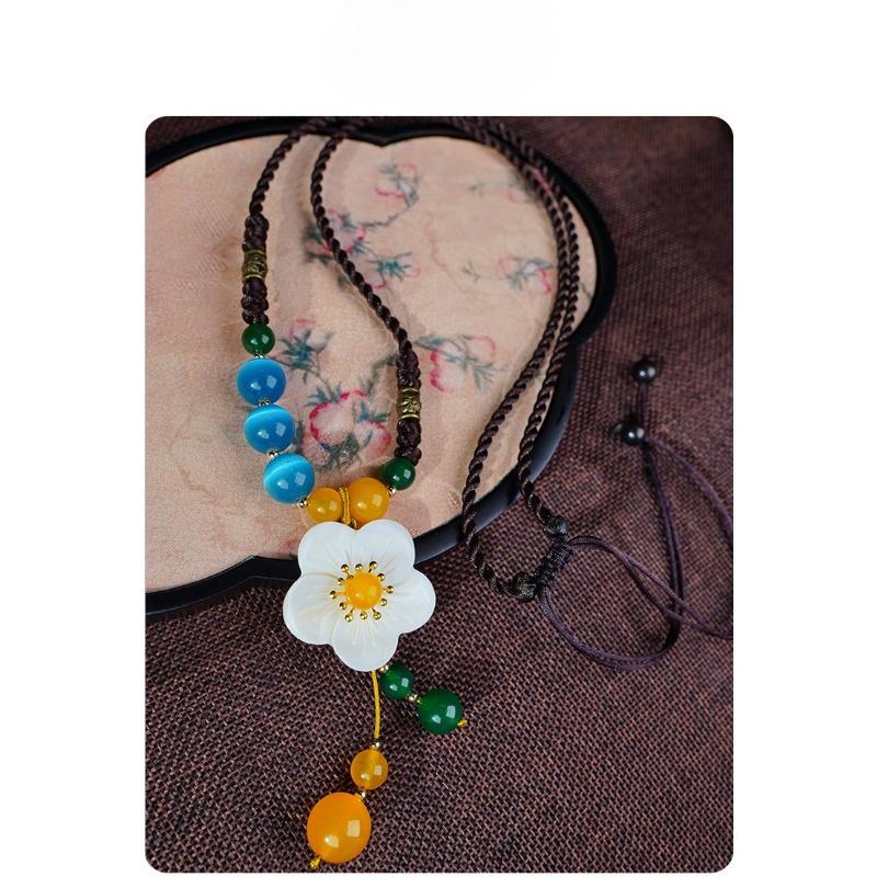 GEMCHIC Women's Ethnic Style Long Sweater Necklace with White Shell Flower Pendant and Colorful Beads Vintage Chinese Fashion Accessory