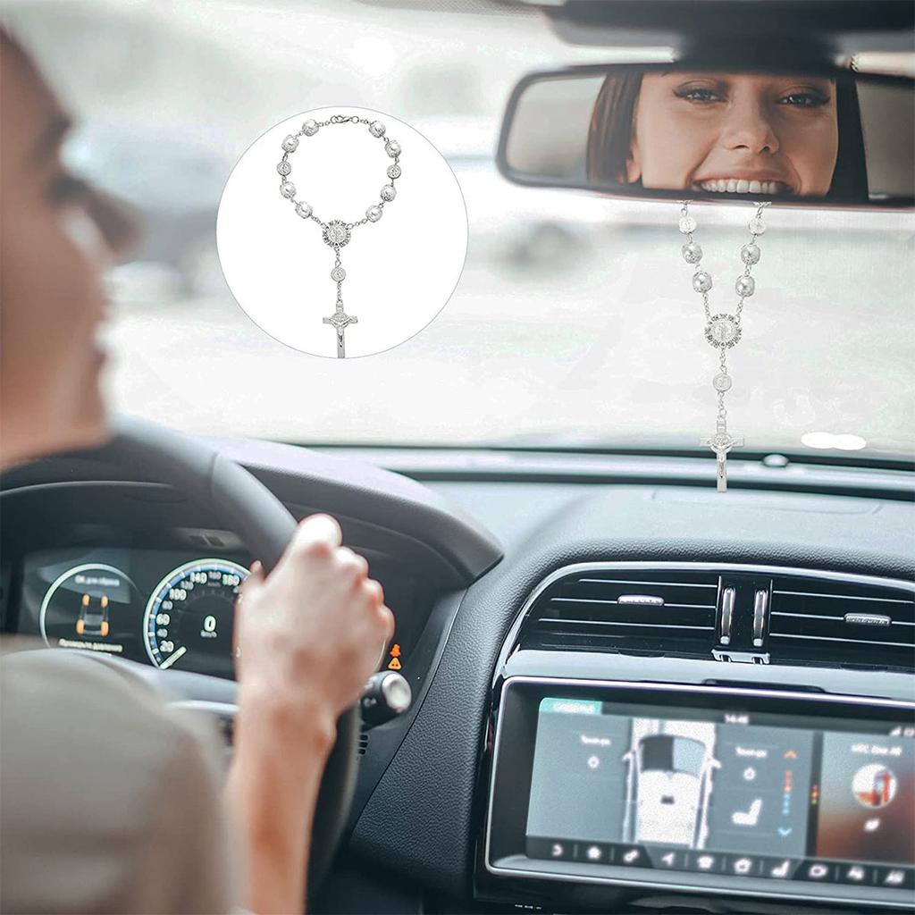 Car Hanging Charm Bling Car Rear View Mirror Hanging Ornament Retro Imitation Pearl Cross Hanging Decoration Auto Interior@#1356