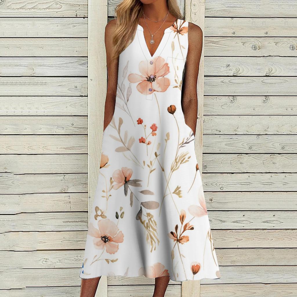 Summer Fashion Print V-neck Plus Size Dress Women Pocket Striped Sleeveless Casual Dresses Women Solid Elegant Loose Dress Lady 24260