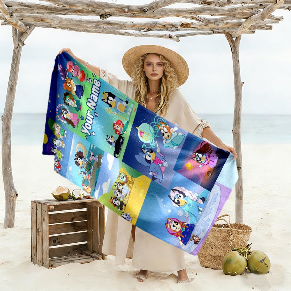 Bluey Personalized Name Beach Towel Soft Durable Quick-Dry Perfect for Traveling Yoga Camping and Swimming