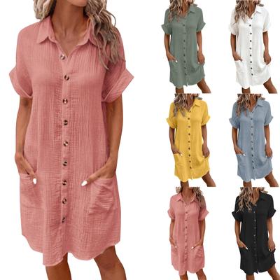 New Women's Fashion Casual Solid Color Buttoned Mid-Length Short Sleeve Loose Dress