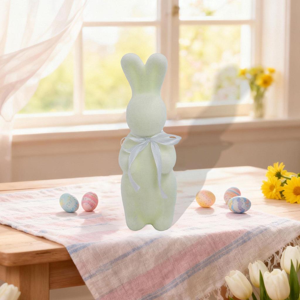 Flocked Easter Bunny Figurine Statue Sculpture with Bowknot for Indoor Desktop