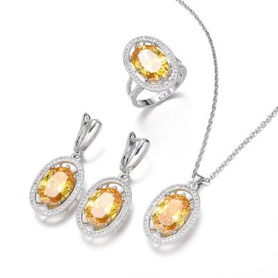 Three Piece Set of European and American Atmospheric Gemstone Necklace Earrings and Rings