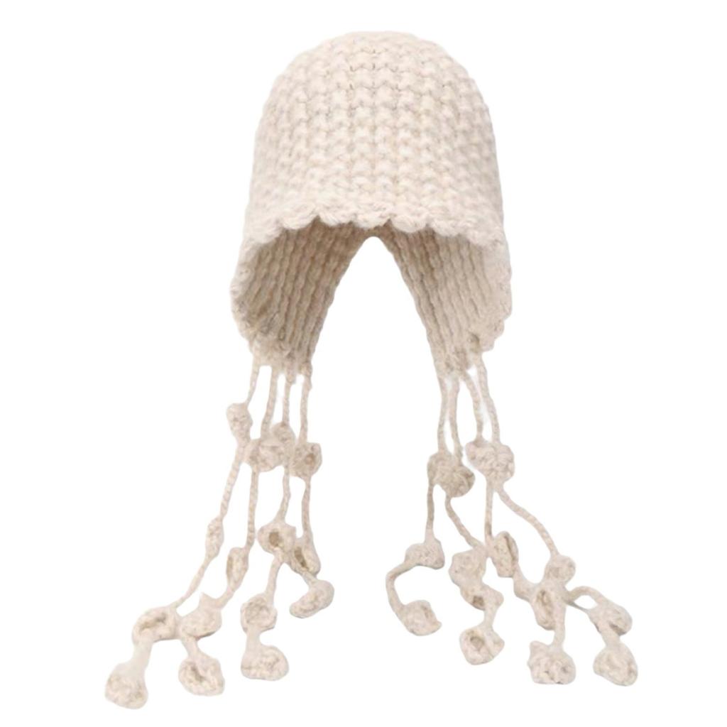New knitted hat women's autumn and winter fringed Internet celebrity hat cute handmade braided wool hat thermal ear hat