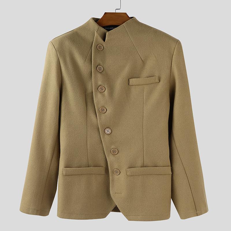 

INCERUN Men Stand Neck Long Sleeve Oblique Placket Jackets Coats 3XL хаки