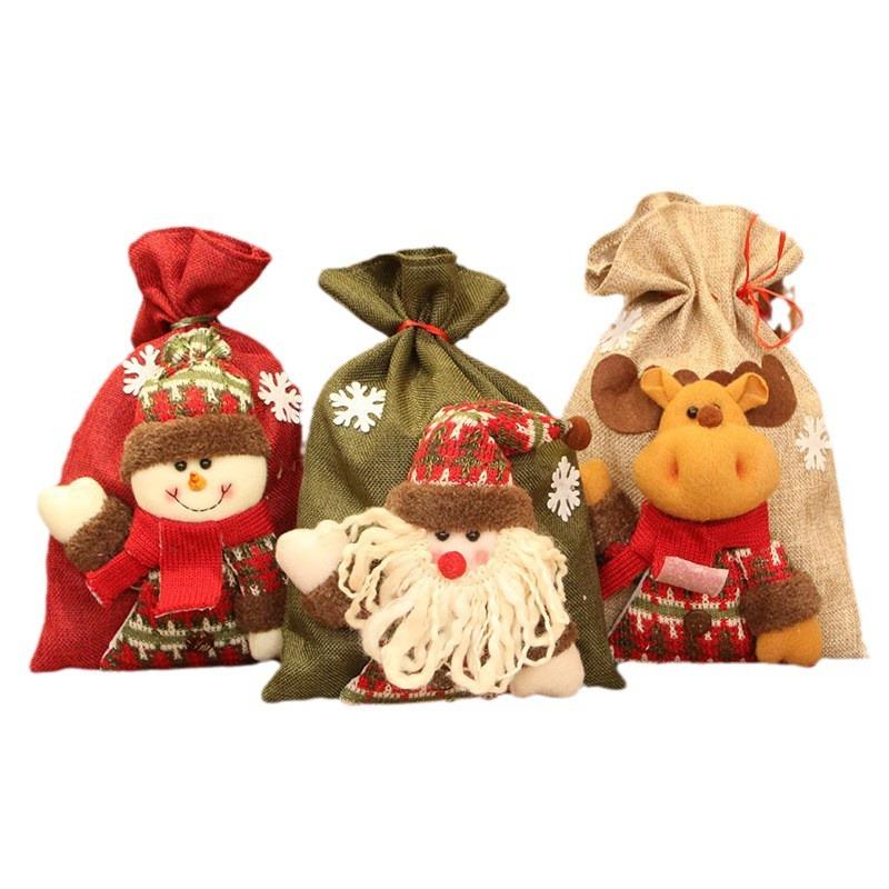 Large Christmas Linen Drawstring Gift Bag Candy Snack Packaging Bag New Year Holiday Cartoon Apple Stocking Christmas Decoration