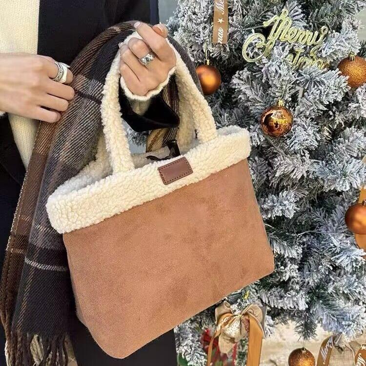 Borsa Cesto per Verdura Peluche in Pelle d'Agnello, Borsa a Mano Doppia Faccia in Peluche, Borsa Secchio per Acqua da Donna