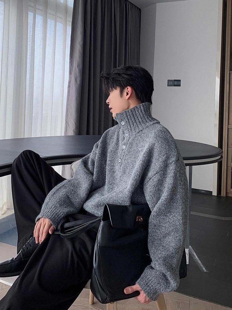 2025 Men's High Neck Korean Style Knitted Sweater - Autumn/Winter Trendy Loose Fit Wool Top