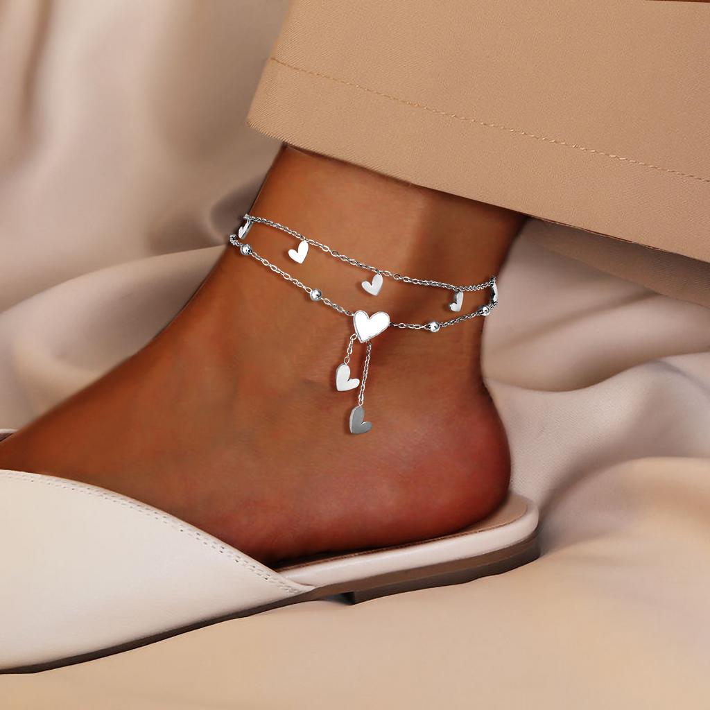 Heart shaped shell inlaid heart pendant layered stainless steel women's fashionable golden jewelry gift summer beach anklet