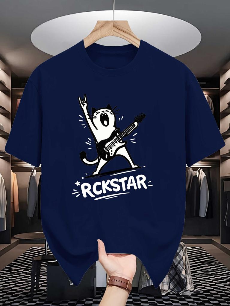 Unisex Cotton Tee Rock Cat Guitar Letter Graphic Print Loose Breathable Summer Crew Neck Casual Street T Shirt Unisex Daily Wear