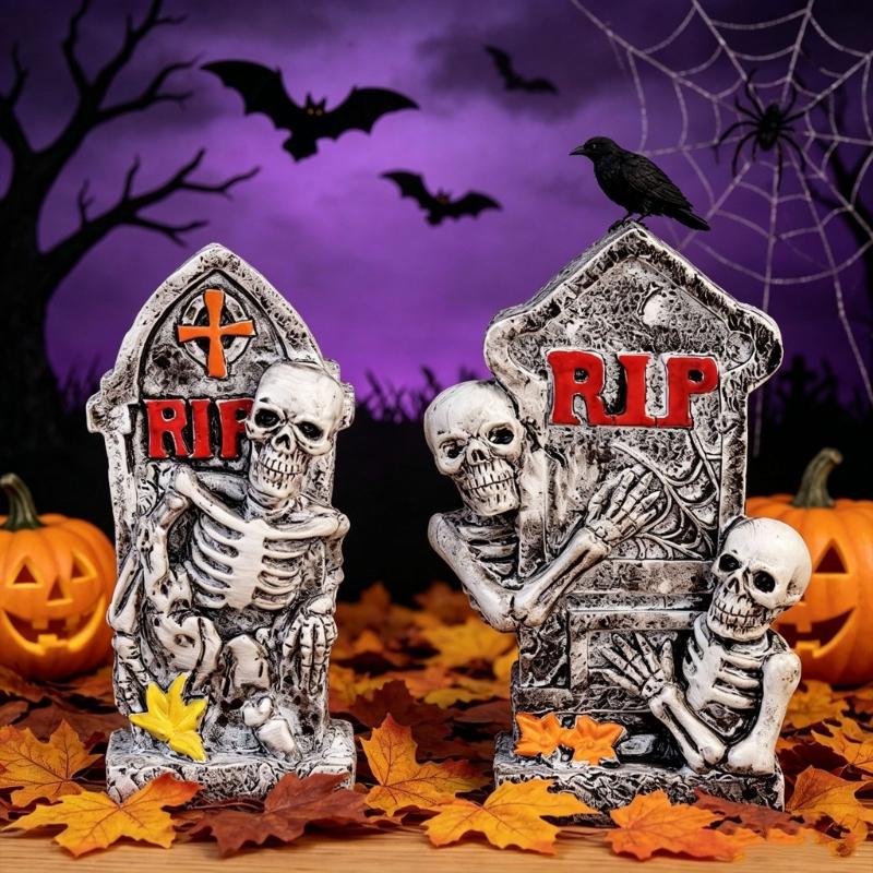 Shelf Ready Halloween Grave Marker Item, Resin Bone Figure Accent for Entry Table Styling and Event Display Use