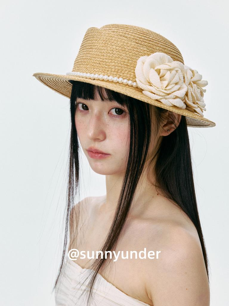 Fresh Style Flower Beaded Straw Hat Women Uv Protection Sun Flat Brim Hat Elegant Vintage Luxury Dress Hat For Outdoor