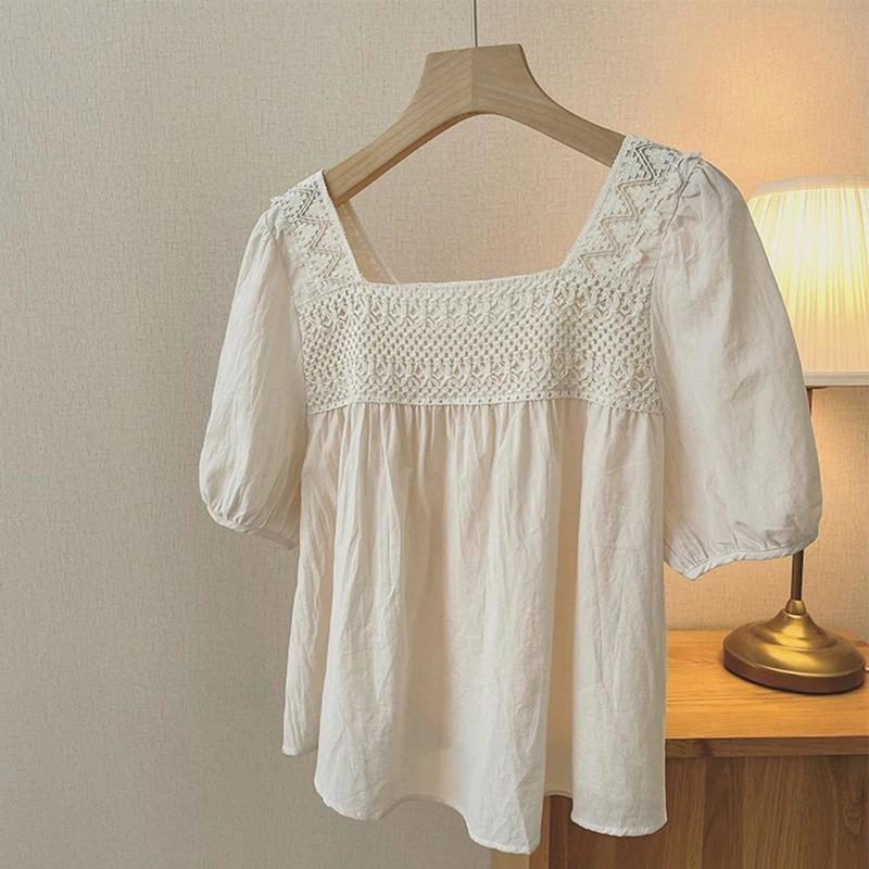 

Шикарная летняя солнцезащитная рубашка женская с квадратным вырезом с пышными рукавами и пышными рукавами в стиле пэчворк, кружевная блузка, женская мода, однотонные, свободные, винтажные блузки 24141 L абрикосовый