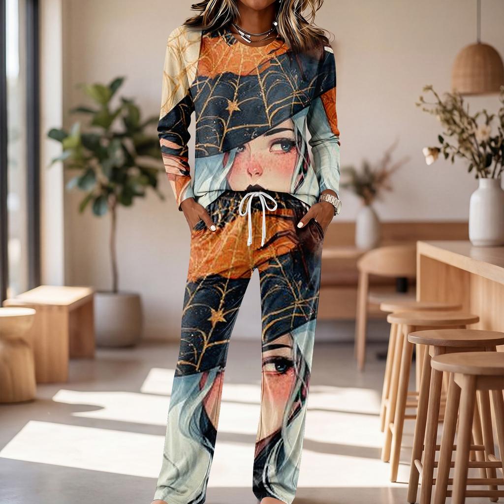 Set Pigiama Casual da Donna con Manica Lunga, Girocollo e Coulisse sui Pantaloni a Gamba Larga per Dormire e