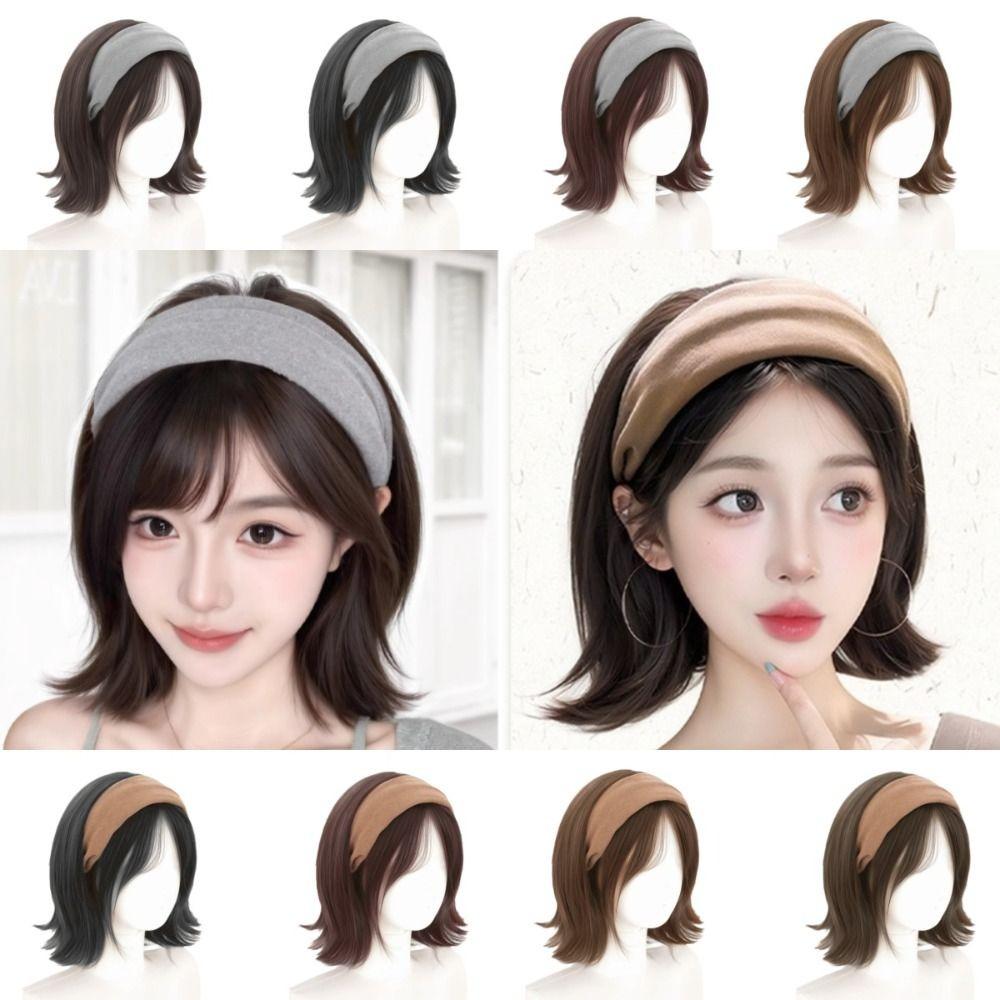 Korean Style Synthetic Wide Knit Headband Wigs Hair Hoop Short Wavy Bob Hair  Party