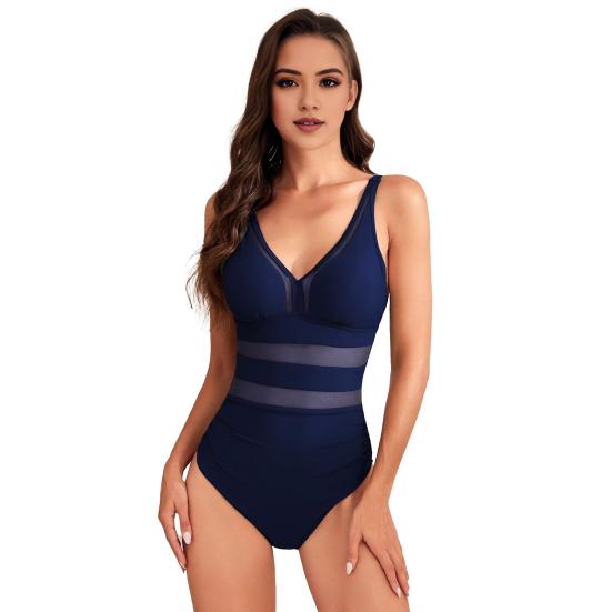 Women Sexy Monokini Deep V-neck Sleeveless One-Piece Swimsuit Hollow Mesh Splicing High Waist S-Shaped Swimwear