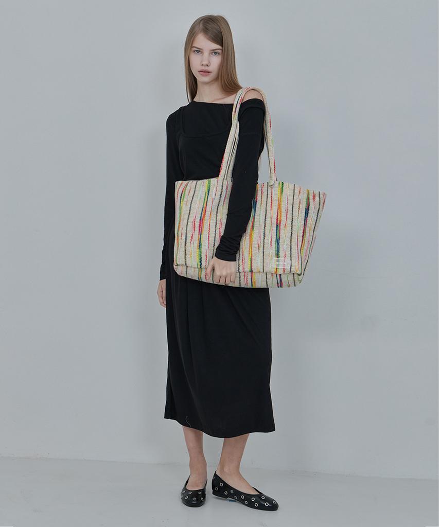 Kimimi Fuzz Stripe Maxi Shoulder Bag Beige