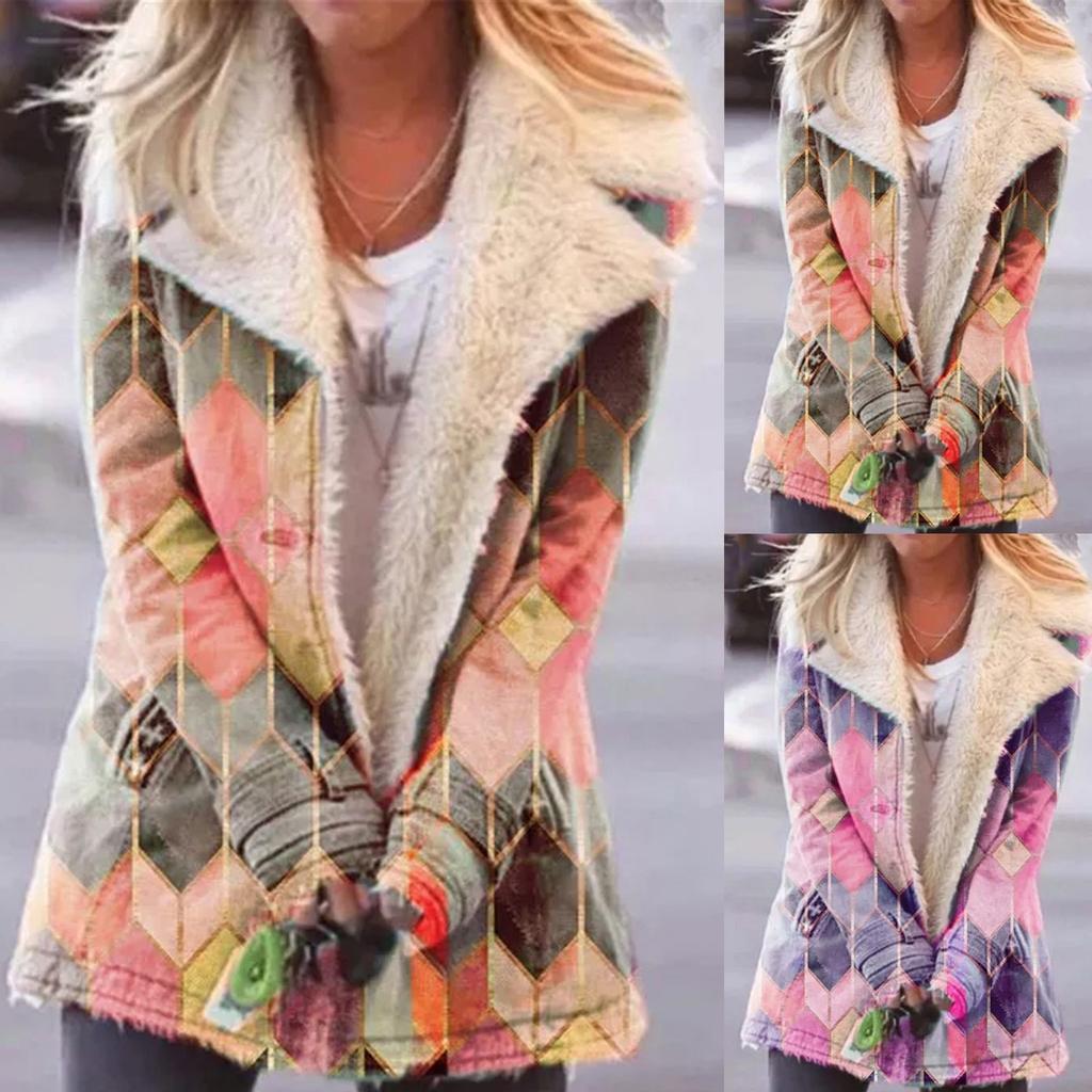 2020 New Products Lapel Printed Single-Breasted Long-Sleeved Plush Jacket