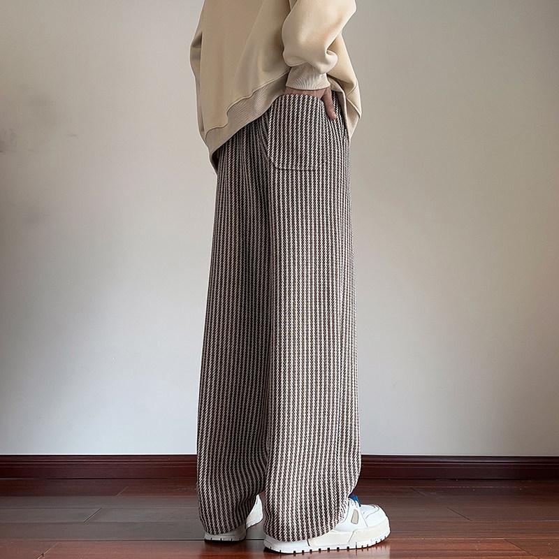Men's American Retro Coffee Brown Striped Sweatpants - Straight Leg, Loose Fit, Heavyweight, Drapey Wide Leg for Spring/Autumn