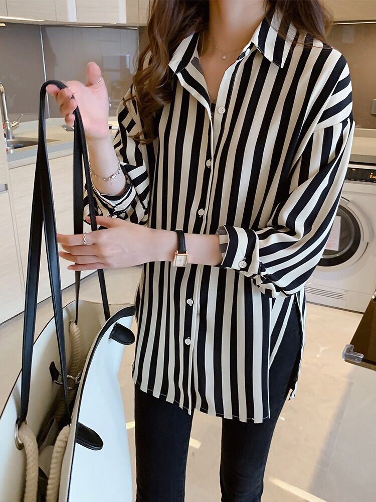 Striped Shirt Women's 1116 Spring Clothing New Retro Hong Kong Flavor Design Sense Niche Top Chiffon Shirt Base
