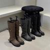 Leather Version~ Versatile Thick-soled Round Head Retro Belt Buckle Polished Boots Women's Autumn and Winter Medium and High Boots Knight Boots