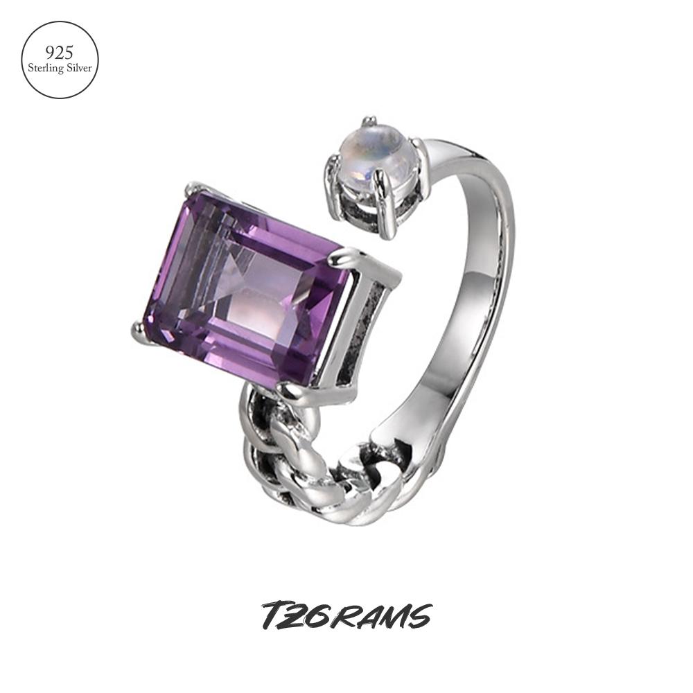 

Серебро 925 пробы Женское геометрическое кольцо с натуральным кристаллом аметста Фиолетовый камень Цепочка личности Шикарная девушка Модные украшения