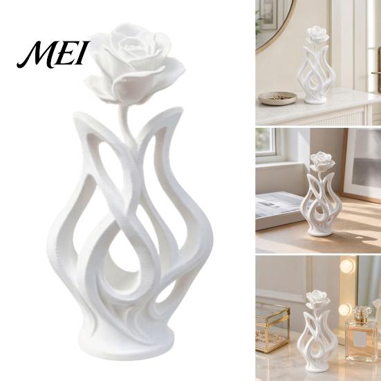 One-piece 3D Printed Vase Rose Sculpture, Hollow Floral Art Figurine with Matte Finish, Bookshelf Decor Piece Minimalist Desk for Living Room Entryway