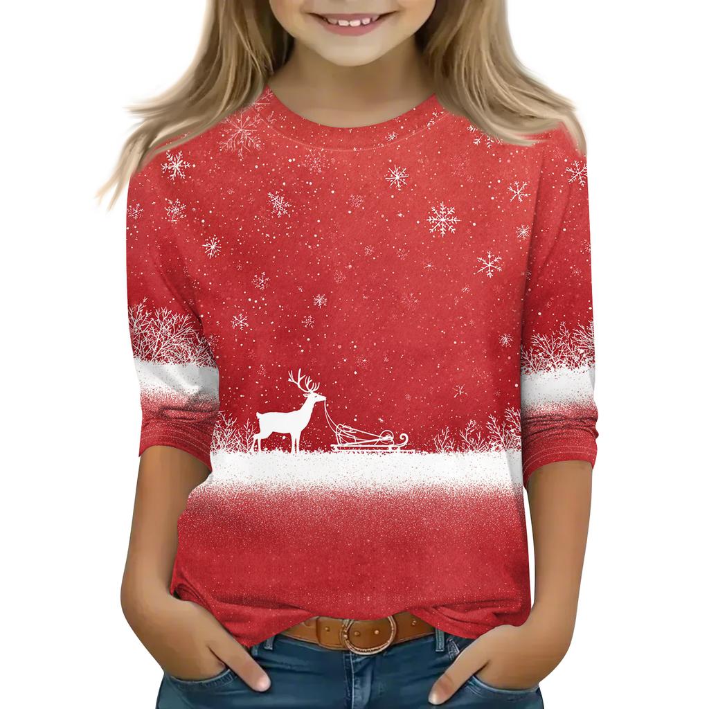 Christmas Day Print Tops For Youth Girls 4-11 Years Round Neck 3/4 Sleeves T-Shirts Trendy Tops Outfit Tees