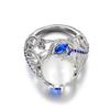 Fashionable Moonstone Cat Eye Stone Flower Ring with Sapphire Inlaid Ring