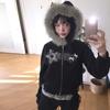 2KWEIRD Gothic Vintage Rhinestones Graphic Hoodie Solid Fur Patchwork Hooded Jackets Women's Double Zipper Coats
