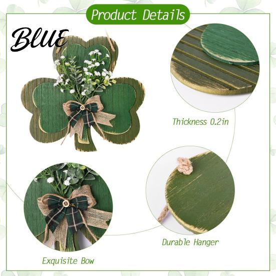 Rustic Farmhouse Door Hanger St. Patrick's Day Wooden Clover Sign with Hemp Rope, Double Layer Shamrock Hanging Greenery for Doors Decor Artificial