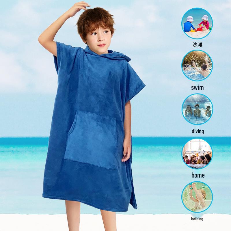 Children's Warm Coral Fleece Hooded Bathrobe for Surfing and Swimming